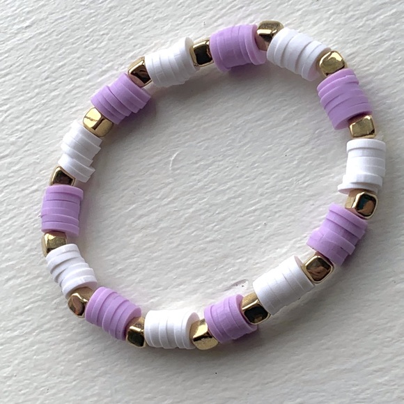 Handmade clay bead bracelet purple/white gold square bead’s stretchy - Picture 3 of 5